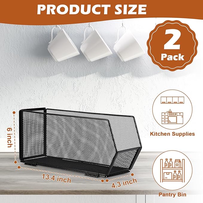 2 Pack Tall Narrow Pantry Storage Bin Metal Narrow Organizer Bins Black Pantry Organizers and Storage Bins Fold Tall Narrow Kitchen Storage Bins 13.4x4.3x6 Tall Narrow Kitchen Organizer for Cabinet
