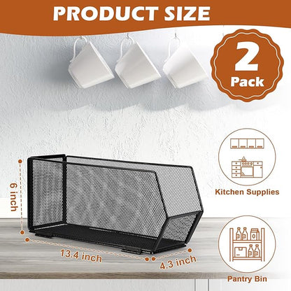 2 Pack Tall Narrow Pantry Storage Bin Metal Narrow Organizer Bins Black Pantry Organizers and Storage Bins Fold Tall Narrow Kitchen Storage Bins 13.4x4.3x6 Tall Narrow Kitchen Organizer for Cabinet