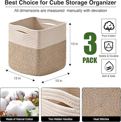 ICERZCZ 13 Inch Cube Closet Storage Bins, Woven Cotton Rope Organizer Baskets for Organizing & Shelves, Books, Towels, Clothes, Toys, 13x13x13 in, Off White & Brown (Pack of 3)