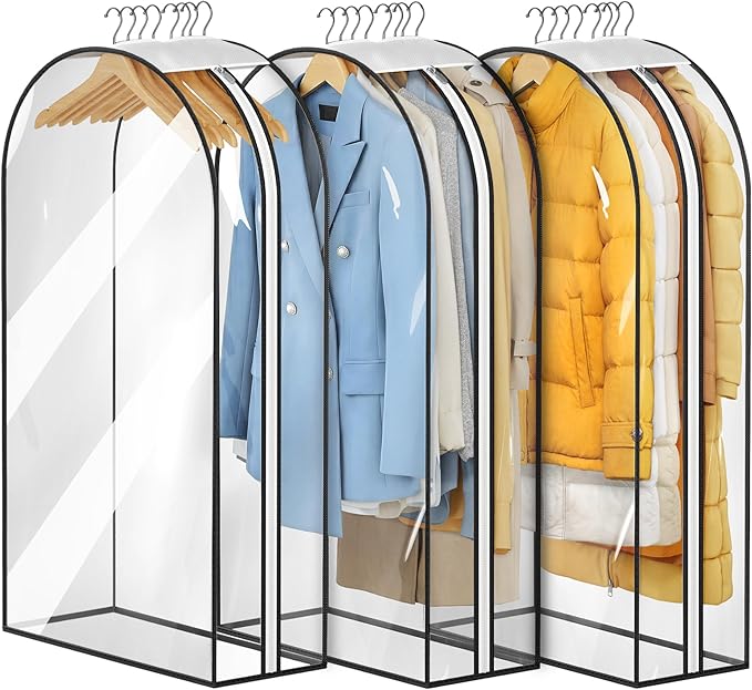 MISSLO 10" Gusseted All Clear Garment Bags for Hanging Clothes 3 Packs 40" Suit Bags for Closet Storage Hanging Clothes Storage Suit Cover for Shirts, Coats, Dresses