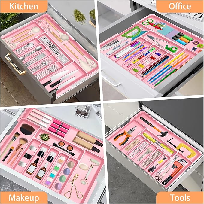 Spaclear Silverware Organizer Expandable Kitchen Utensil Drawer Organizer Large BPA Free Adjustable Cutlery Silverware Tray for Spoons Forks Knives Storage Divider for Kitchen Flatware 6-9 Slots Pink