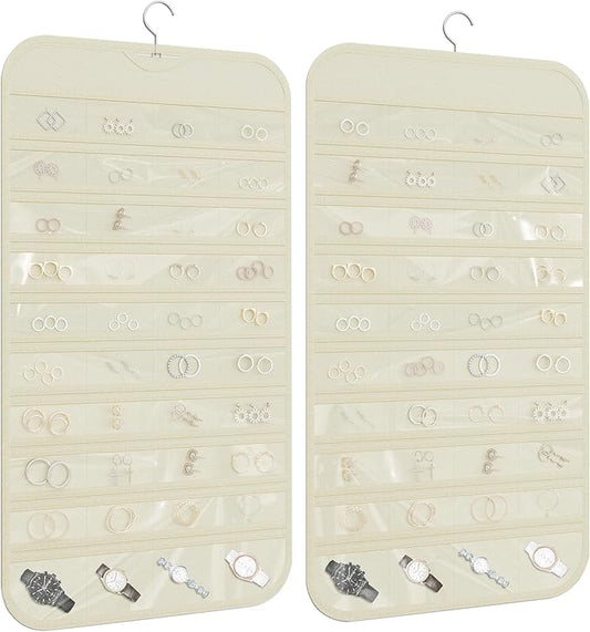 1 Pack Hanging Jewelry Organizer 80-Pocket Dual-sided Jewelry Storage for Earring Necklace Bracelet Ring Travel Holder, Beige