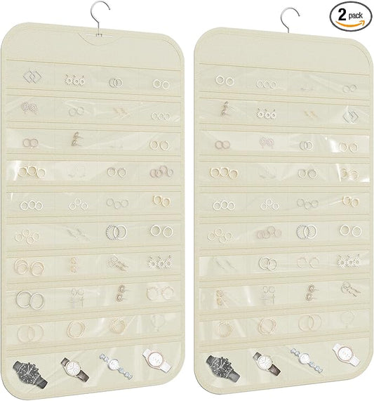 2 Pack Hanging Jewelry Organizer 80-Pocket Dual-sided Jewelry Storage for Earring Necklace Bracelet Ring Travel Holder, Beige