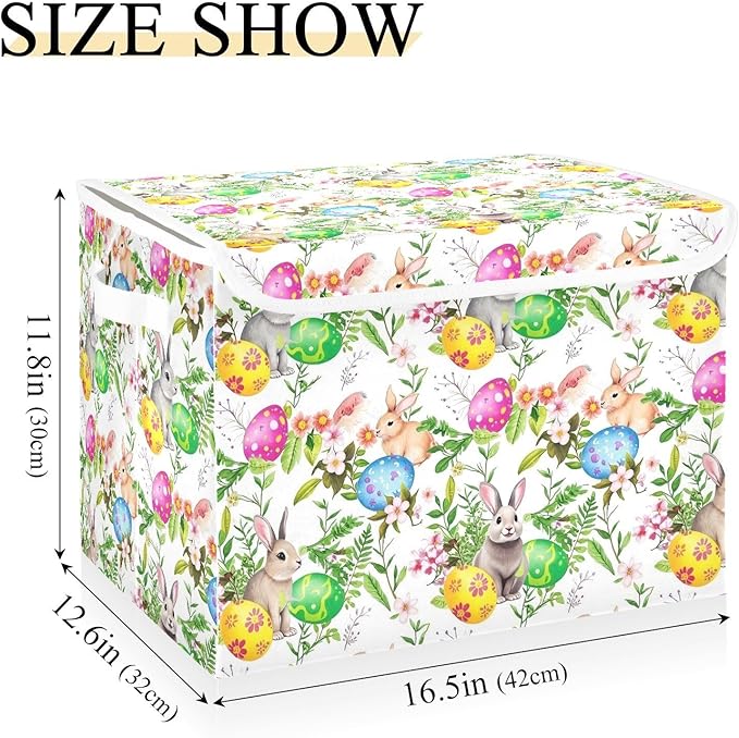 senya Easter Storage Baskets Collapsible Storage Bins with Lids, Easter Bunny Eggs in Grass Flowers Storage Boxes Clothes Baskets for Organizing