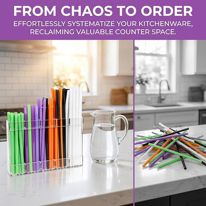 9.6” Large Clear Acrylic Straw Holder, Cabinet Door Straw Organizer with Strong Adhesive Mount, Reusable Tumbler Straw Storage