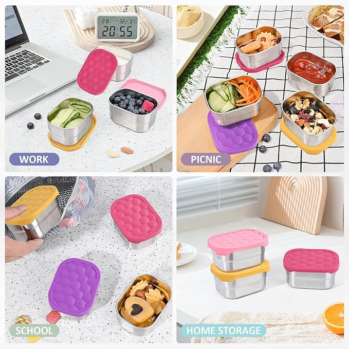 Tanjiae 4Pack Small (1 CUP) 8oz Stainless Steel Snack Containers for Kids | Reusable Easy Open Toddler Snack Containers with Silicone Lids | Stackable Toddler Lunch Box for Daycare, School and Travel