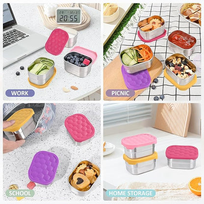 Tanjiae 4Pack Small (1 CUP) 8oz Stainless Steel Snack Containers for Kids | Reusable Easy Open Toddler Snack Containers with Silicone Lids | Stackable Toddler Lunch Box for Daycare, School and Travel