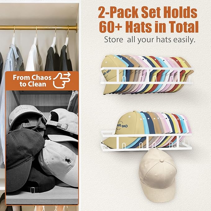 White Metal Wall Mounted Hat Racks for Baseball Caps, 2-Pack Sturdy Hat Organizer Holds 60+ Caps, Wall & Closet Display Storage Holder