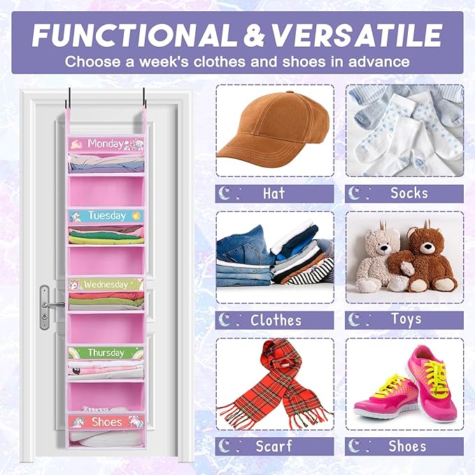 2 Pack 5 Shelf Weekly Clothes Organizer for Kids Over the Door Hanging Storage Monday through Friday Heavy Duty Clothes Organization for Bathroom Nursery Bathroom Kitchen(Pink)