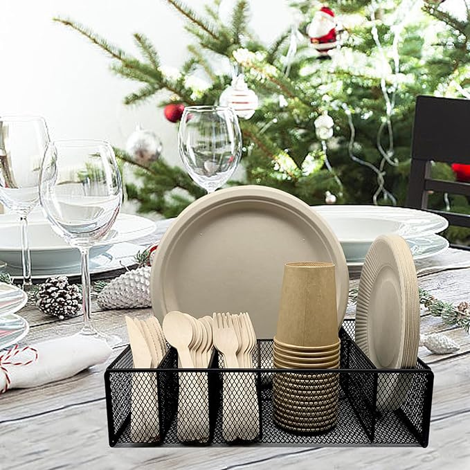 Dysanvica Metal Paper Plate Holder - Utensil Silverware Caddy for Kitchen Counter Cabinet Cutlery Flatware Organizer Storage Dispenser Box for Plastic Spoon Fork Plates Napkins Cup Party Camping Black