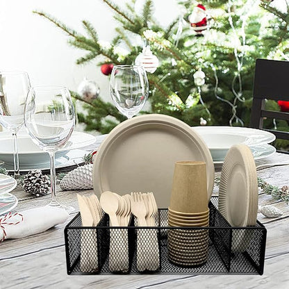 Dysanvica Metal Paper Plate Holder - Utensil Silverware Caddy for Kitchen Counter Cabinet Cutlery Flatware Organizer Storage Dispenser Box for Plastic Spoon Fork Plates Napkins Cup Party Camping Black