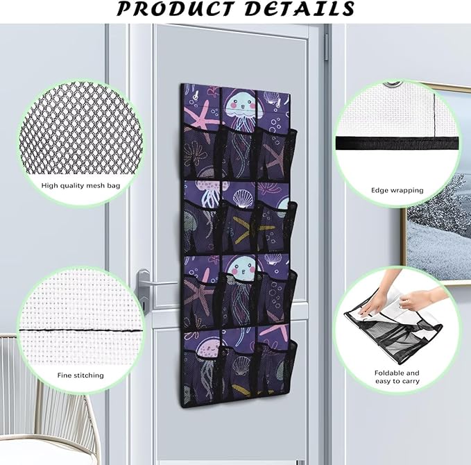 Jellyfish Over The Door Shoe Organizers,Shoe Rack for Door,Hanger Storage Organizer for Closet,Classroom Headphone Storage with 12 Mesh Pockets,Breathable Storage Bag