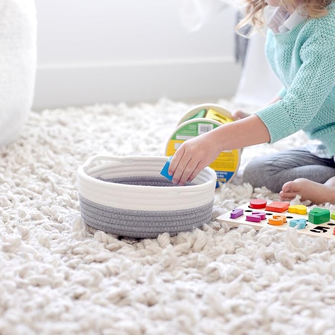 NaturalCozy 5-Piece Round Small Woven Baskets Set– Cotton Rope Baskets for Organizing! Montessori Toys, Fruits Remotes Key Tray Bowl for Entryway Desk, Shallow Catchall Home Décor, Cat Dog Bin Gift