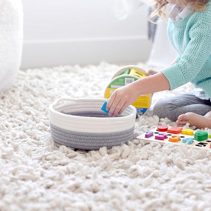 NaturalCozy 5-Piece Round Small Woven Baskets Set– Cotton Rope Baskets for Organizing! Montessori Toys, Fruits Remotes Key Tray Bowl for Entryway Desk, Shallow Catchall Home Décor, Cat Dog Bin Gift