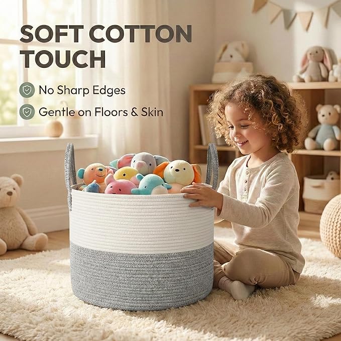 JMvicyroam 65L Extra Large Blanket Basket for Living Room - Woven Cotton Rope Laundry Hamper with Reinforced Handles - Storage Bin for Pillows, Comforters & Toys - Machine Washable,White&Grey