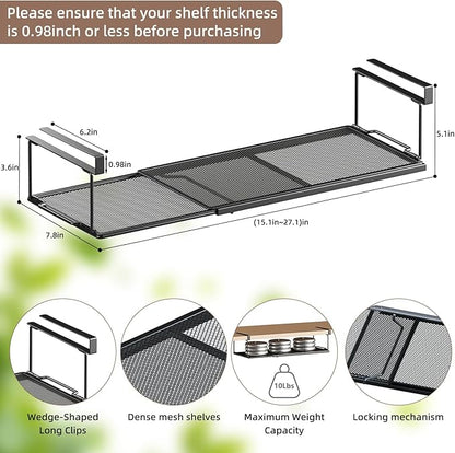 Expandable Under-Shelf Shoe Rack for Closet(1-Pack) - Adjustable Under Shelf Storage Organizer, No-Tool Installation Sturdy Metal Hanging Shelves for Sneakers, Flats & Casual Shoes(Black)