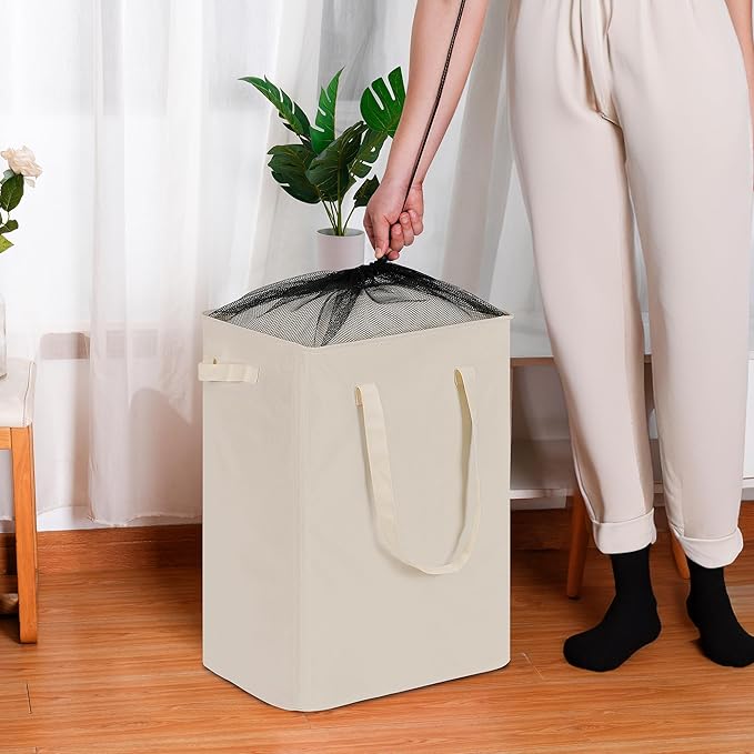 efluky Slim Laundry Basket, Narrow Laundry Hamper with Handles, Collapsible Dirty Clothes Hamper, Tall Laundry Bin for Laundry Room, Dorm and Bedroom, 90L Beige
