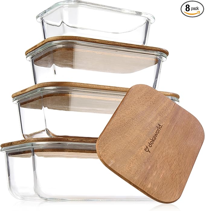 Glass Container Set with Acacia Lids - 4 Stackable Meal Prep Containers. Durable heat resistant Inert Borosilicate Glass