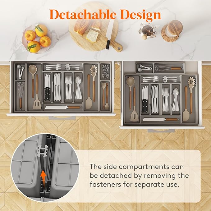 Lifewit Silverware Organizer, Plastic Kitchen Utensil Drawer Tray, Cutlery Flatware Storage Holder for Spoons Forks Knives, 28 x 16"/ 72 x 42cm, 10 Compartment, Gray
