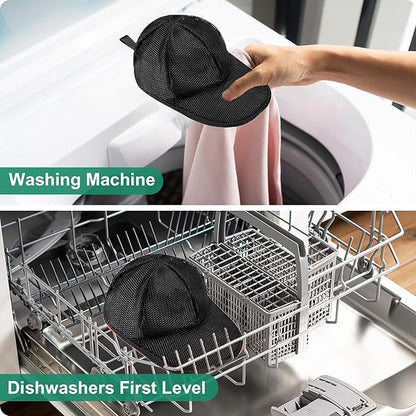 NAZZO Hat Washer for Dishwasher Washing Machine, Hat Cleaner Protector Holder for Curved Caps with Mesh Bag, Foldable Cap Washer Frame Cage Universal Adult Kids Basketball Cap, Black, 2 Pack