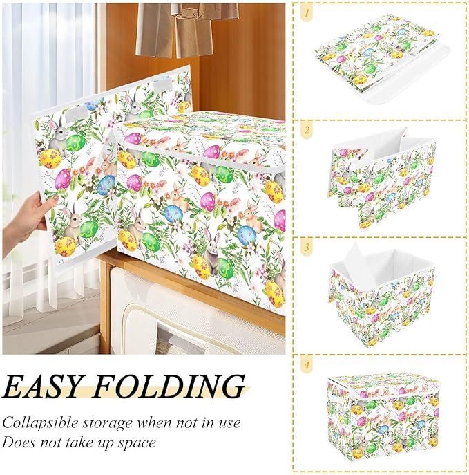 senya Easter Storage Baskets Collapsible Storage Bins with Lids, Easter Bunny Eggs in Grass Flowers Storage Boxes Clothes Baskets for Organizing