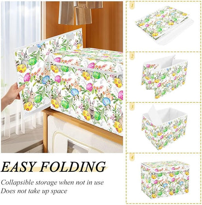 senya Easter Storage Baskets Collapsible Storage Bins with Lids, Easter Bunny Eggs in Grass Flowers Storage Boxes Clothes Baskets for Organizing