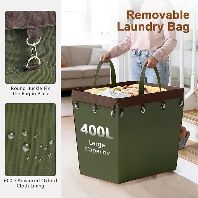 Hoctieon Large Laundry Cart with Wheels, 400L Heavy Duty Laundry Basket Organizer, Rolling Hamper Sorter for Clothes Storage, Industrial Dirty Clothes Hamper for Home & Hotel, Green+Brown