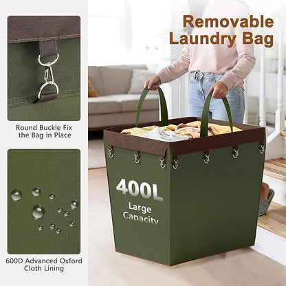 Hoctieon Large Laundry Cart with Wheels, 400L Heavy Duty Laundry Basket Organizer, Rolling Hamper Sorter for Clothes Storage, Industrial Dirty Clothes Hamper for Home & Hotel, Green+Brown