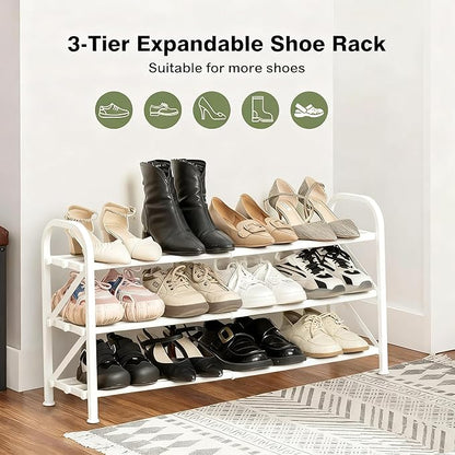 3-Tier Shoe Rack for Closet, 16"-32" Expandable ShoeRackAdjustable for Entryway Closet Doorway SturdyMetal, White