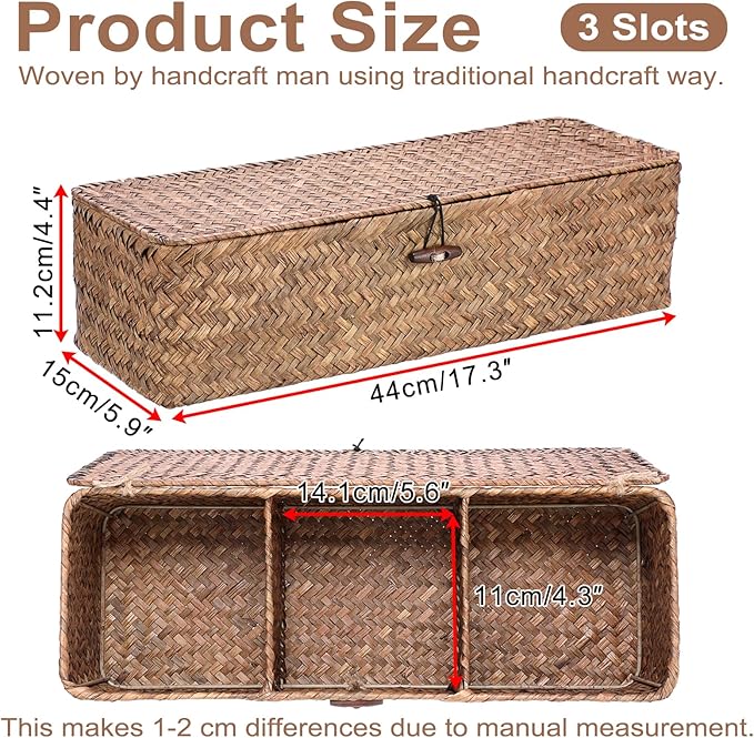 Hipiwe Handwoven Seagrass Storage Basket with Lid Rectangular Toilet Paper Holder 3 Sections Home Organizer Bin for Bathroom Shelf Kitchen