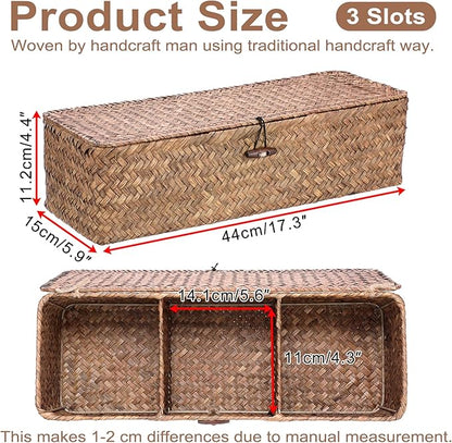 Hipiwe Handwoven Seagrass Storage Basket with Lid Rectangular Toilet Paper Holder 3 Sections Home Organizer Bin for Bathroom Shelf Kitchen