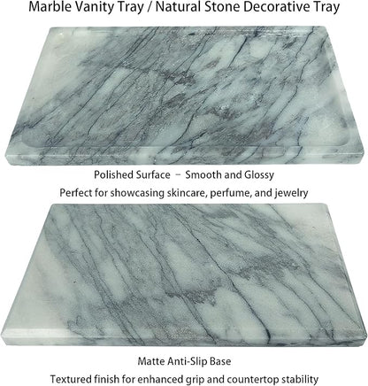 White Marble Vanity Tray – 10.63"x5.91" Rectangular Natural Stone Organizer for Bathroom Perfume Makeup Jewelry Dresser Entryway