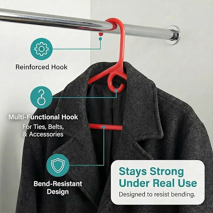 DEILSY™ Red Heavy Duty Hangers with Hooks for Scarves & Belts – Thick and Strong Clothes Hangers for Shirts, Jackets, Pants, and Dresses – Space-Saving Plastic Hangers – Pack of 50