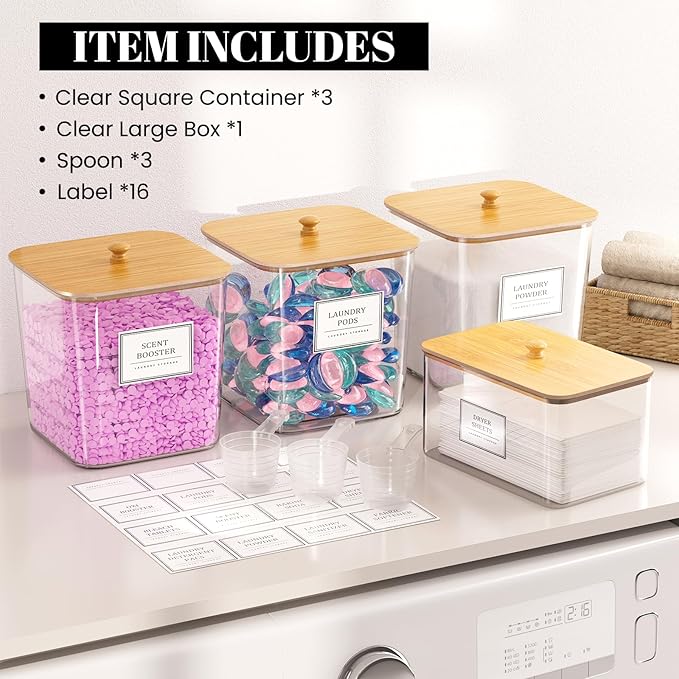 HomePekite Laundry Pods Storage Container, Clear Laundry Room Organization and Storage ,Detergent Powder Container,with Wooden Lids & Labels, 3+1 Pack