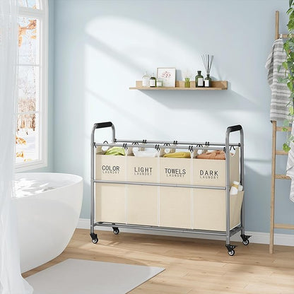 Tajsoon 4 Bag Laundry Sorter Cart, 4 Section Laundry Hamper Sorter with Heavy Duty Lockable Rolling Wheels, Laundry Separator Hamper with Removable Bags for Dirty Clothes Storage, Beige