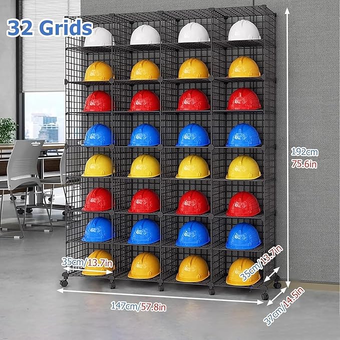 Stackable Safety Helmet Storage Boxes, Large Adjustable Hard Hat Placement Organizer Rack with Wheels for Construction Site/Garage/Workshop/Factory Helmet Display Shelf (4 * 8)
