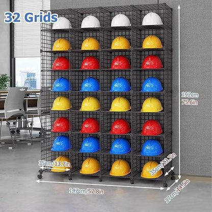 Stackable Safety Helmet Storage Boxes, Large Adjustable Hard Hat Placement Organizer Rack with Wheels for Construction Site/Garage/Workshop/Factory Helmet Display Shelf (4 * 8)