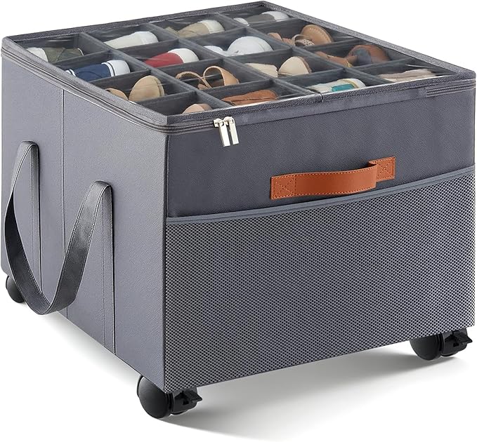 AceOrbit Large Rolling Shoe Organizer 360 Degree Wheeled Fits up to 16 Pairs, Storage Box with Brake and Clear Dust Cover, Adjustable Dividers, Protects Shoes from Dust and Moisture
