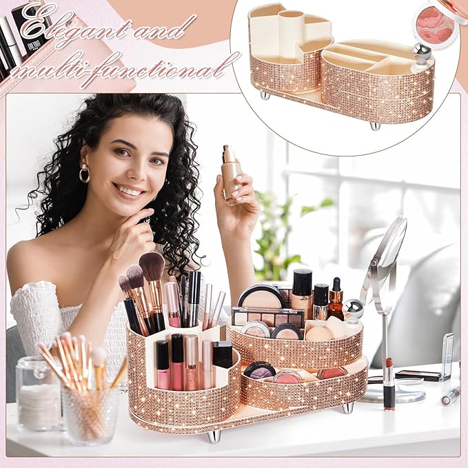 Teen Girls Mother's Day 360 Rotating Bling Makeup Organizer Gift Rhinestone Diamond Bathroom Organizer Girly Skin Care Brush Holder for Countertop, Bathroom Essentials(Champagne,Rhinestone)