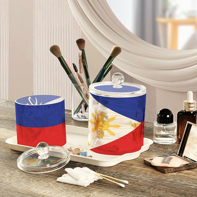 DOMIKING Philippines Flag 2 Pack Bathroom Canisters Cotton Swab Holder Dispenser Plastic Cotton Ball Jar Acrylic Storage Containers for Cotton Ball Cotton Swab Cotton Round Pads