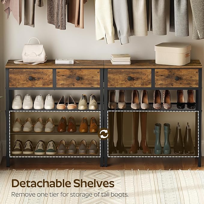 YATINEY 4 Tier Shoe Rack, Large Capacity Shoe Storage Organizer, Metal Shoe Shelf with Drawer and Wooden Top, for 16 Pairs of Shoes, for Entryway, Closet, Rustic Brown and Black SS24BR