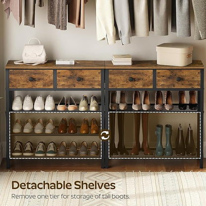 YATINEY 4 Tier Shoe Rack, Large Capacity Shoe Storage Organizer, Metal Shoe Shelf with Drawer and Wooden Top, for 16 Pairs of Shoes, for Entryway, Closet, Rustic Brown and Black SS24BR