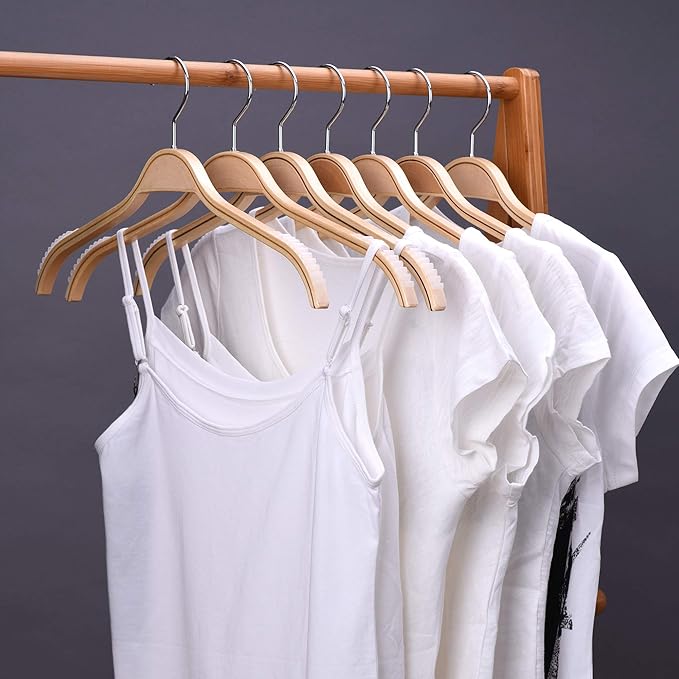 JS Hanger Lightweight Non Slip Wooden Hangers - 10 Pack Heavy Duty Wood Coat Hangers with Soft Stripes for Camisole, Jacket, Dress Clothes, Sweater, Natural Finish