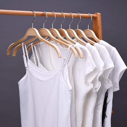JS Hanger Lightweight Non Slip Wooden Hangers - 10 Pack Heavy Duty Wood Coat Hangers with Soft Stripes for Camisole, Jacket, Dress Clothes, Sweater, Natural Finish