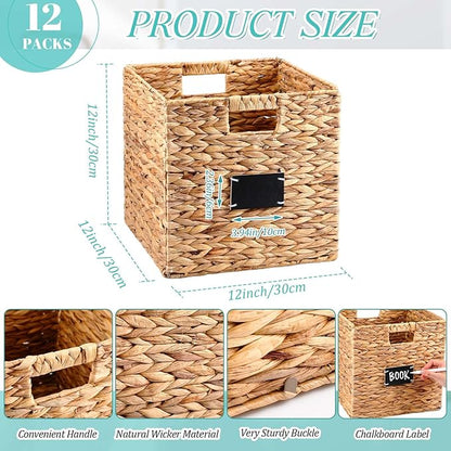Jinei 12 Pcs Wicker Storage Basket Bulk, 12 x 12 Inch Handwoven Water Hyacinth Folding Cube Bin with Handles Labels for Shelves Pantry Laundry Organization