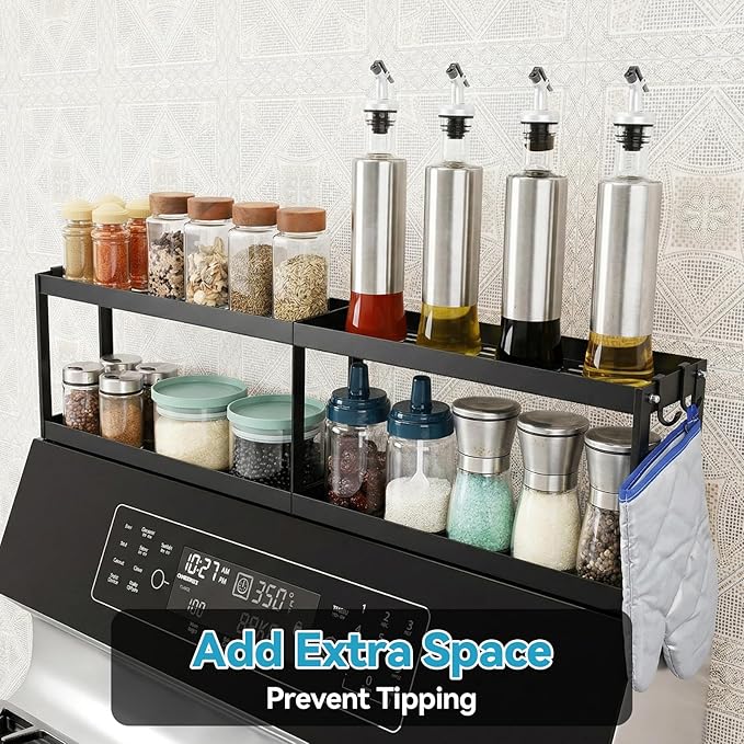 OTraki 2 Tier Strong Magnetic Oven Shelf 30 Inch Length Spice Rack Over The Stove Shelf with 2 Anti-Slip Mats Seasoning & 4 Hooks Kitchen Spice Storage Organizer Black