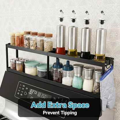 OTraki 2 Tier Strong Magnetic Oven Shelf 30 Inch Length Spice Rack Over The Stove Shelf with 2 Anti-Slip Mats Seasoning & 4 Hooks Kitchen Spice Storage Organizer Black