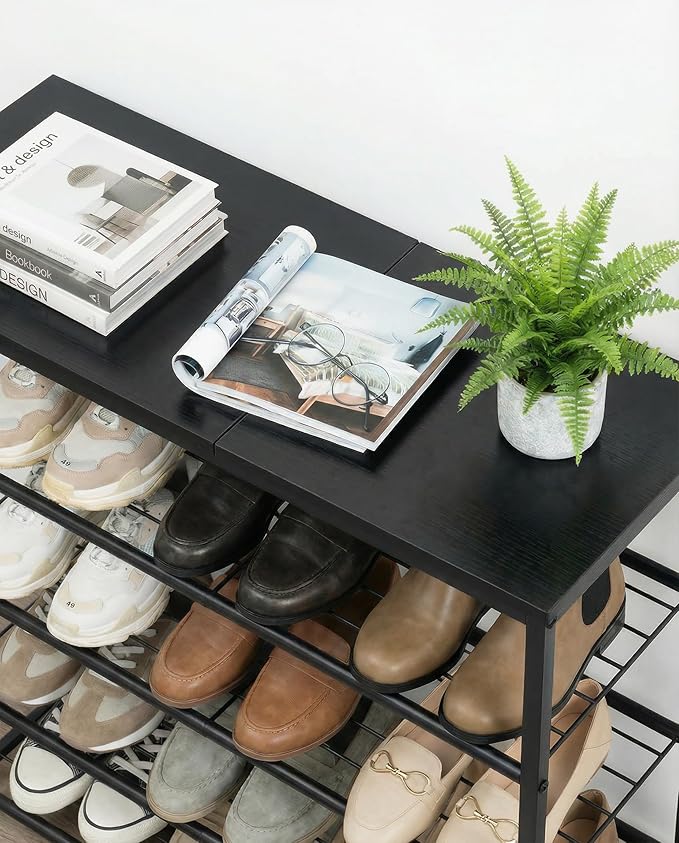 Shoe Rack, 4-Tier Shoe Storage Organizer for Closet and Entryway, Sturdy Metal Shoe Shelf with Adjustable Leveling Feet & Wooden Top for Small Spaces, 26.9” x 12.8” x 26.1”, Black