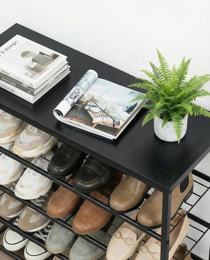 Shoe Rack, 4-Tier Shoe Storage Organizer for Closet and Entryway, Sturdy Metal Shoe Shelf with Adjustable Leveling Feet & Wooden Top for Small Spaces, 26.9” x 12.8” x 26.1”, Black
