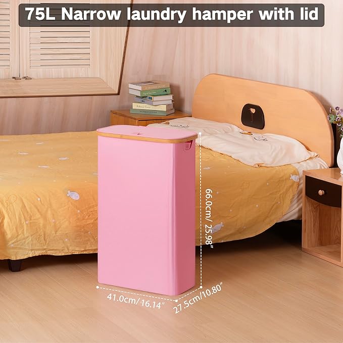 iEGrow 75L Slim Laundry Hamper, Narrow Laundry Basket with Lid,Foldable Clothes Hamper with Bamboo Handles,Hamper Basket with Removable Inner Bag for Laundry Room Bedroom College Dorm,19.8 Gals Pink